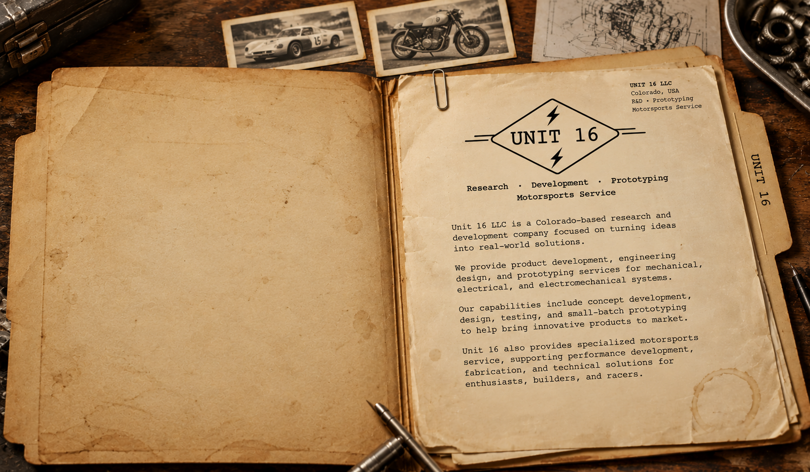 An open 1950s-style file folder containing Unit 16 LLC company information, with vintage racing car and cafe racer motorcycle photographs.